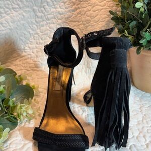 Cynthia Vincent Black Suede Fringe Heels